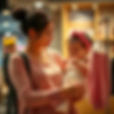 Mother and baby discussing clothing options A young mother holds her infant daughter while looking at different clothing choices, showing concern about her safety in public.