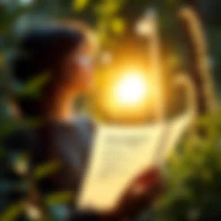 A person looking hopeful while holding a piece of paper with motivational quotes, surrounded by plants and sunlight, symbolizing encouragement.