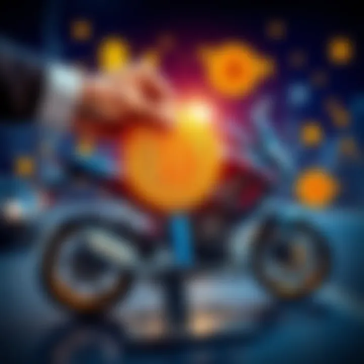 A person handing over keys of a motorcycle in exchange for Bitcoin, with cryptocurrency symbols in the background.