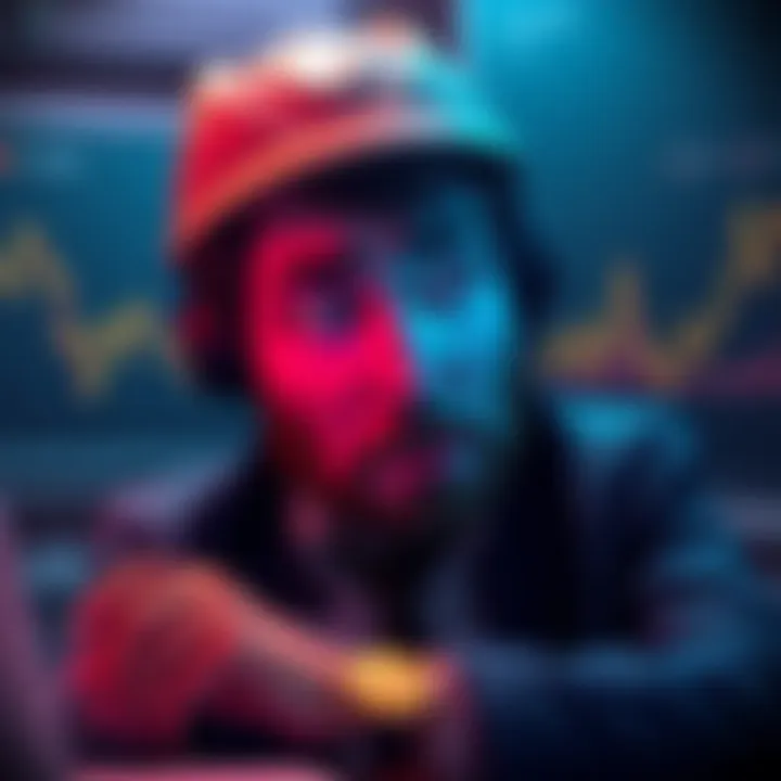 Mr. Glow Eyes discussing his financial strategy involving buttcoins with a worried expression, surrounded by charts showing stagnation.