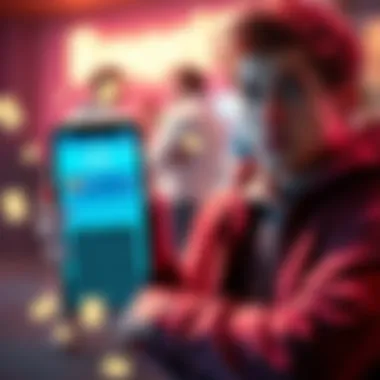 MrBeast stands next to a smartphone displaying a mobile banking app for teenagers, with money symbols around them.