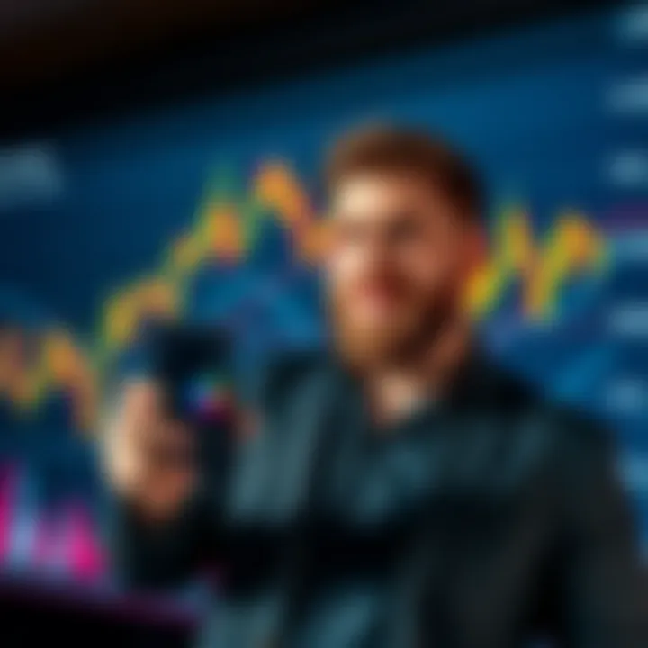 MrBeast stands confidently in front of financial charts while holding a smartphone displaying cryptocurrency, symbolizing his expansion into financial services.