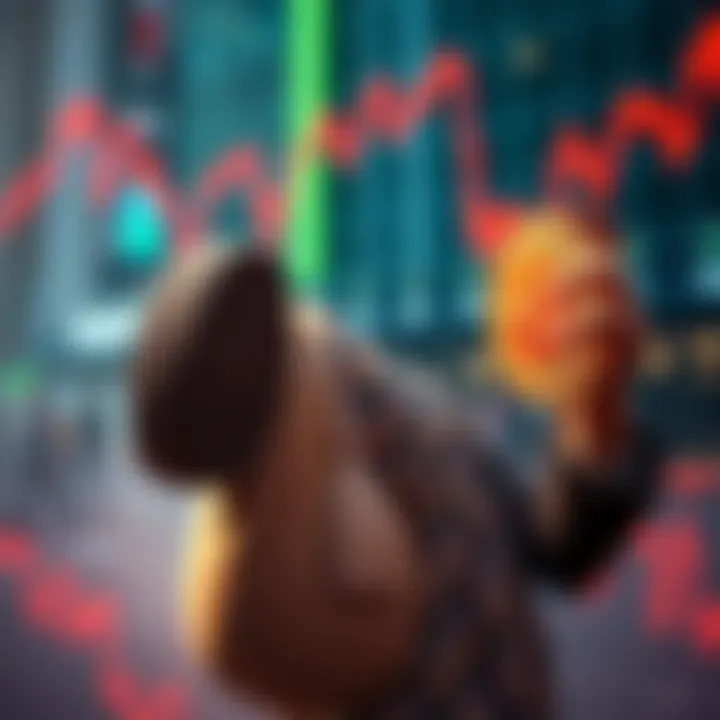 M.Saylor Buying Bitcoin M.Saylor holds a Bitcoin symbol while the market trends downwards, symbolizing his bold purchase amidst market declines.