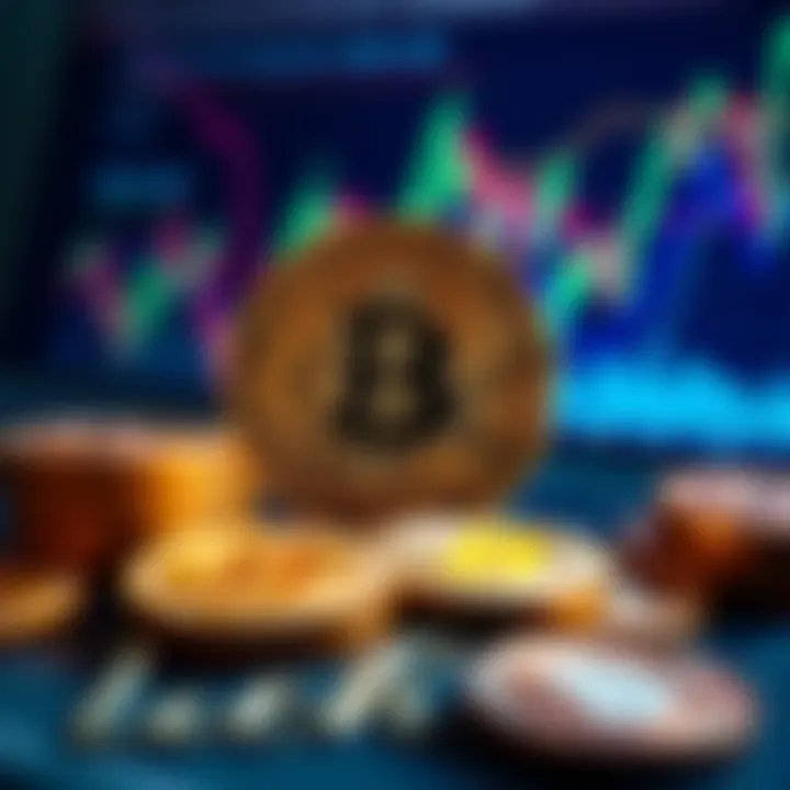 A visual representation of Bitcoin coins with a backdrop of financial charts, symbolizing MSTR's approach to reaching 800,000 BTC.