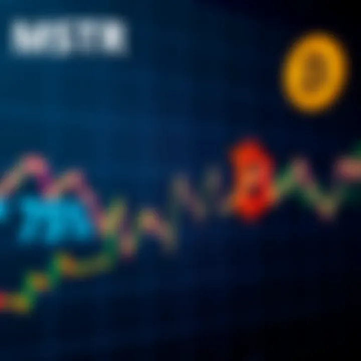 A graph showing MSTR's stock price sharply falling over time, with a Bitcoin symbol in the background to indicate its struggles with Bitcoin sales.
