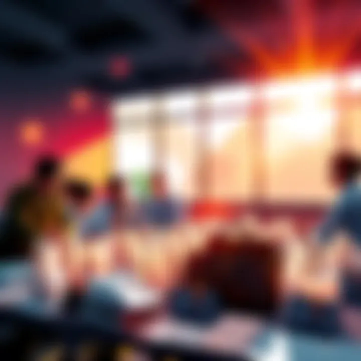 A group of people discussing bag collection strategies at a meeting, with bags displayed on a table.