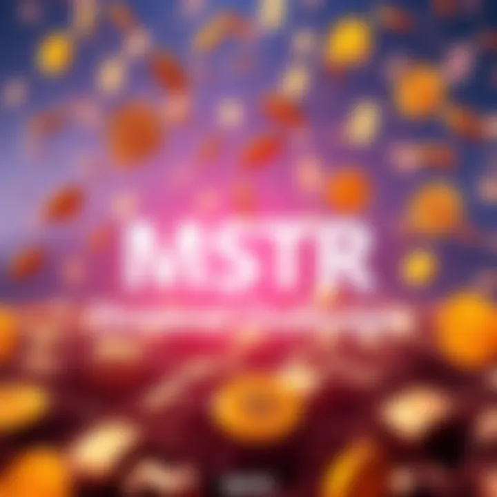 MSTR logo with a backdrop of falling Bitcoin symbols and dollar signs representing financial struggles and dividend obligations.