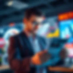 MSTR Marketing Campaign A business professional looking at marketing materials, featuring bold claims of high returns, representing MSTR's aggressive efforts to attract investors.