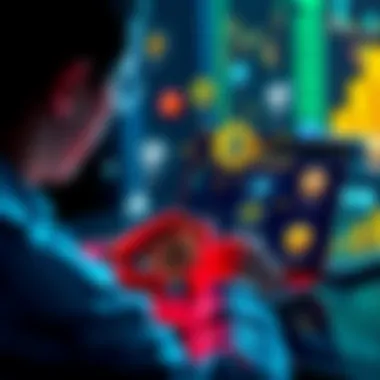 Multi-Chain Wallet Options A person exploring different multi-chain wallet options on a laptop, showing various cryptocurrency logos and wallet interfaces around.