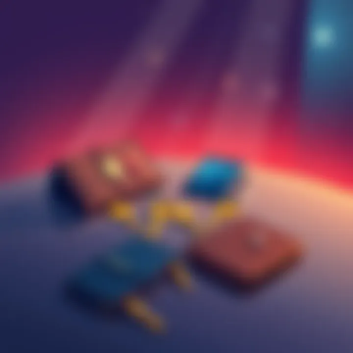 Illustration showing two types of cryptocurrency wallets: a multi-sig wallet with multiple keys and several individual wallets spread out on a table