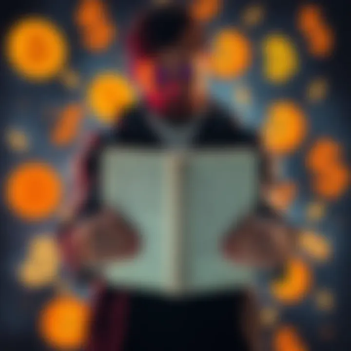 A stranger holding a plain, coverless book in front of a backdrop of Bitcoin symbols and dollar signs
