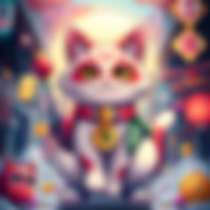 A mystical cat mascot representing $TSUKI in a colorful anime style, surrounded by symbols of Japanese culture and cryptocurrency elements.