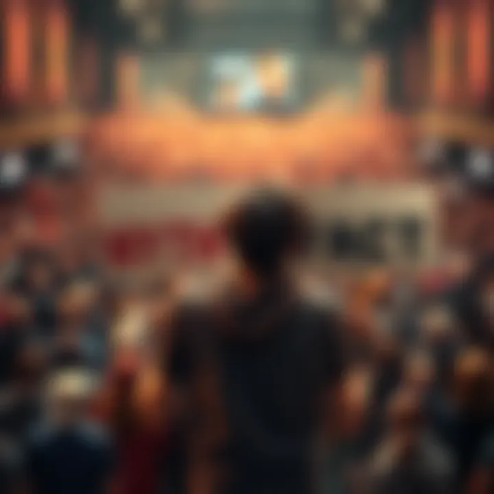 A person holding a sign with 'Myth' on one side and 'Fact' on the other, standing in front of a crowd