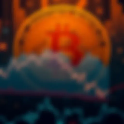 A graphic showing a downward trend in Bitcoin value with a Bitcoin logo and a representation of Nakamoto's logo in the background.