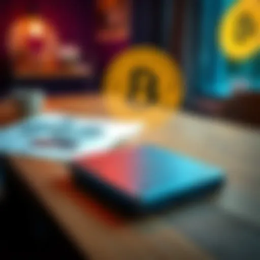A Nano Ledger S wallet placed on a wooden table with a Bitcoin logo in the background, symbolizing cryptocurrency storage and management.