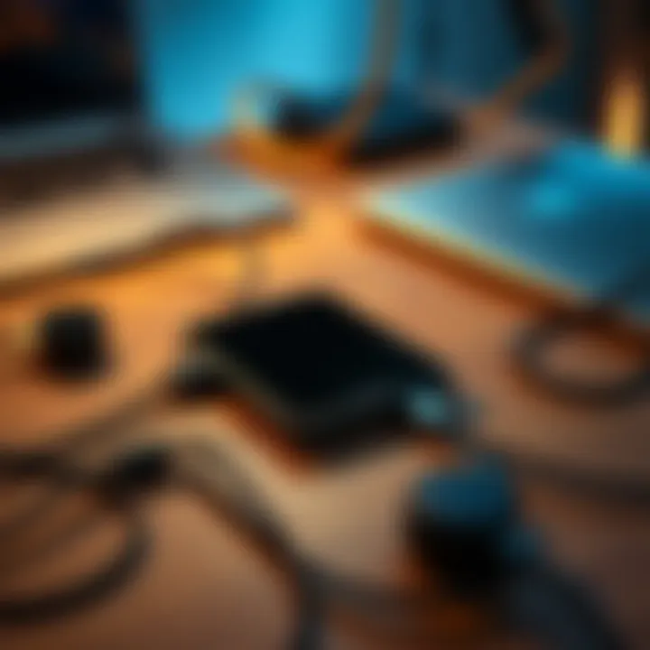 A Nano S Ledger device sitting on a table with a black screen, surrounded by various charging cables and a laptop, showing attempts to troubleshoot it.