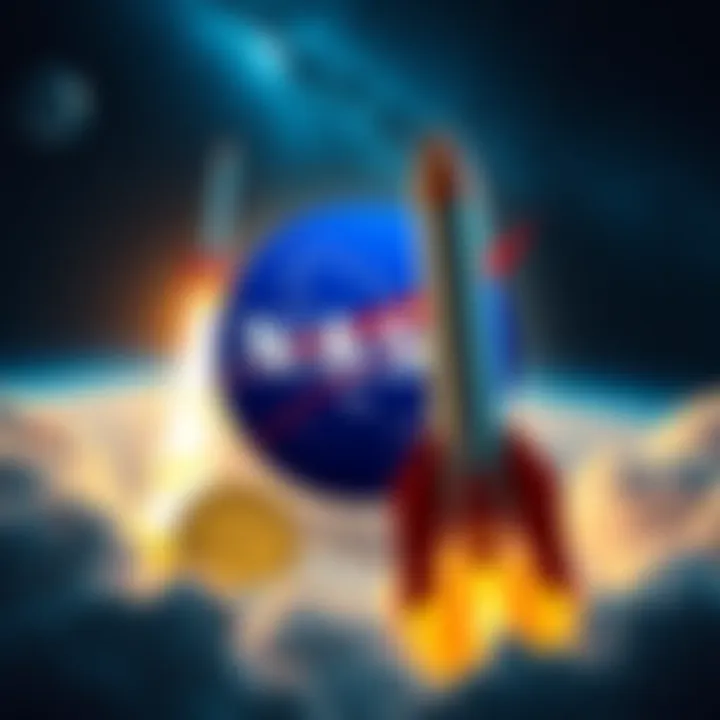 A graphic showing NASA's logo alongside Dogecoin symbols and a rocket in space, representing the connection between space exploration and cryptocurrency in 2029.