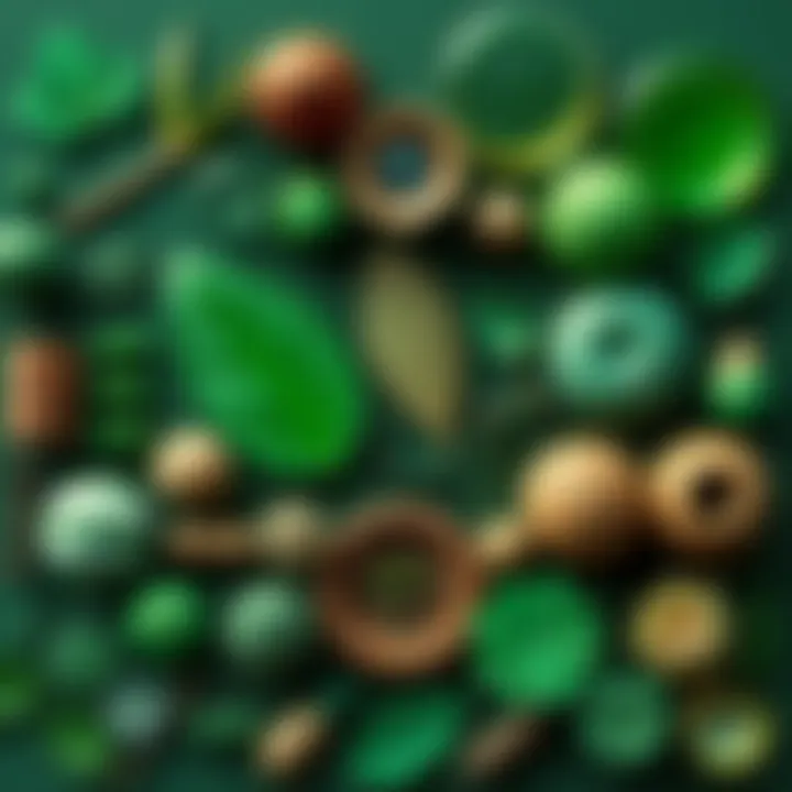 A collection of design elements featuring green motifs and natural symbols, illustrating the trend of green symbolism in 2026.