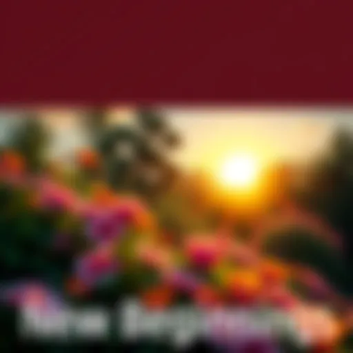 A vibrant sunrise over a blooming garden symbolizing new beginnings and growth.