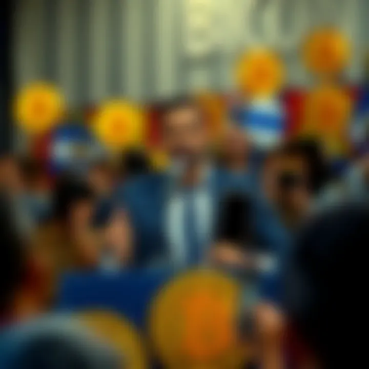 President Nayib Bukele speaking at a Bitcoin event in El Salvador, surrounded by supporters holding Bitcoin signs