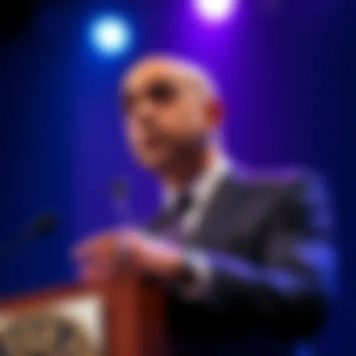 Neel Kashkari speaking about cryptocurrency Neel Kashkari at a podium discussing his views on cryptocurrency, with a focus on digital currency's future in finance