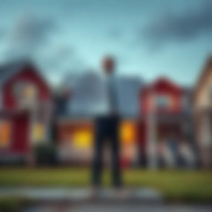 Neighborhood Transformation A person stands confidently in front of several houses, holding a blueprint, symbolizing plans to buy and transform the neighborhood.