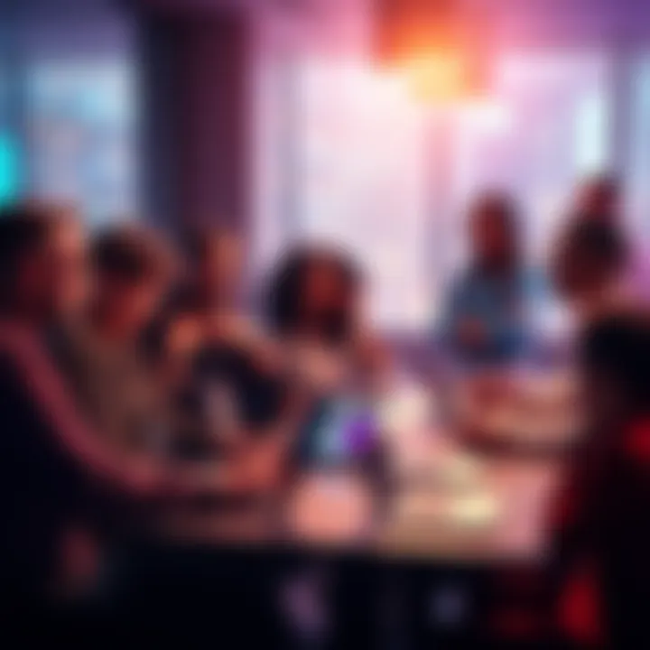 A diverse group of people discussing banking habits with laptops and smartphones at a table