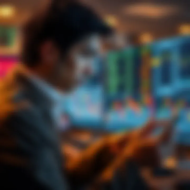 A person looking at a screen displaying Bitcoin prices with a worried expression