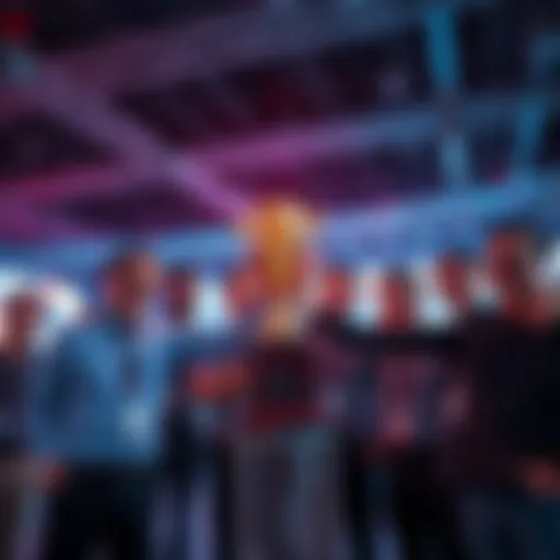 Neuron team celebrates victory with a trophy in a tech conference setting