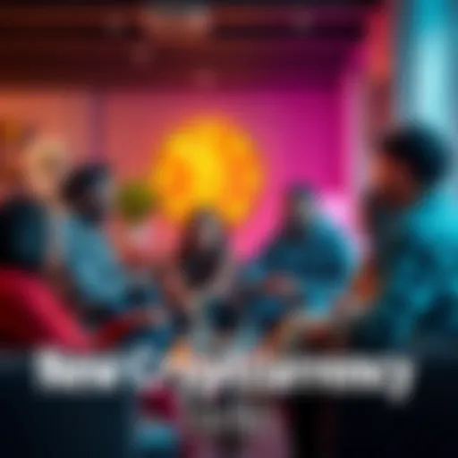 A group of diverse people discussing cryptocurrency opportunities in a cozy setting, sharing ideas and insights about investments.
