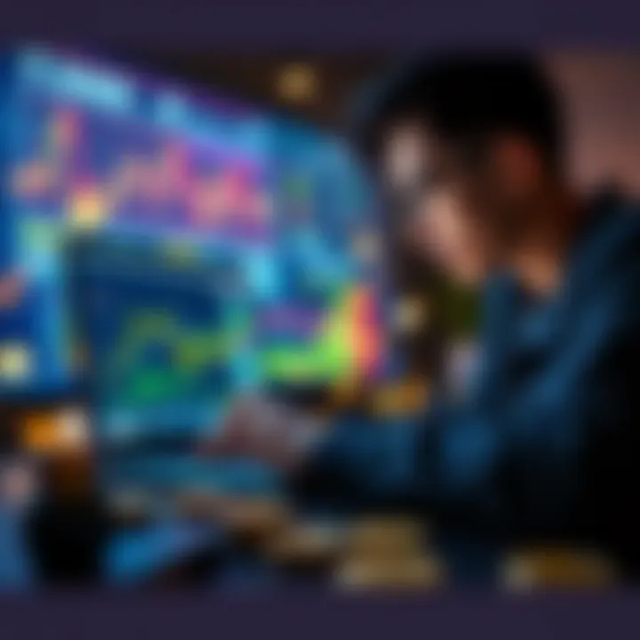 A person analyzing cryptocurrency charts and graphs on a laptop, surrounded by digital coins, symbolizing investment opportunities.