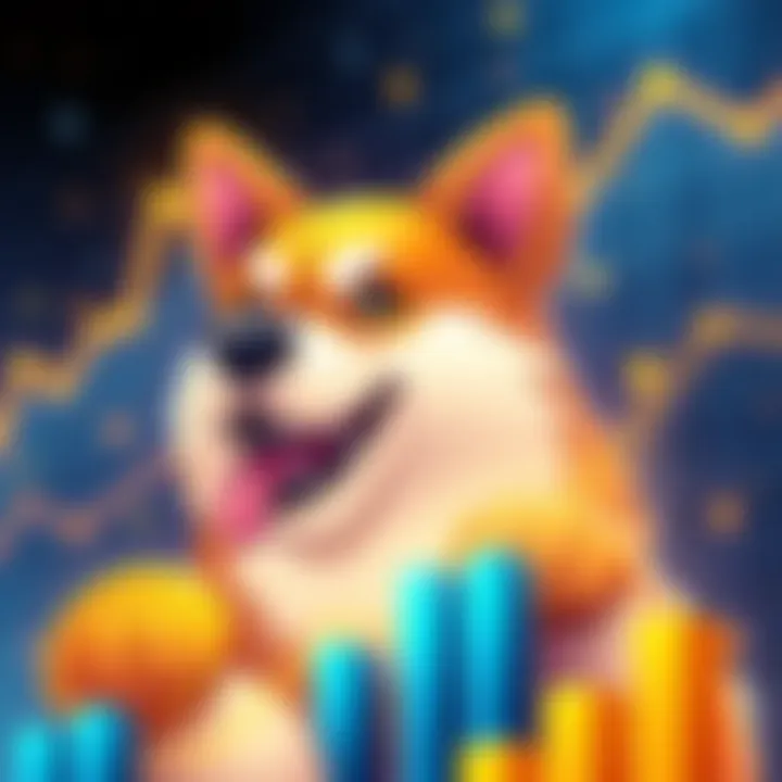 A graphic depicting the rising interest in New Doge coin with a dog mascot and upward trending charts