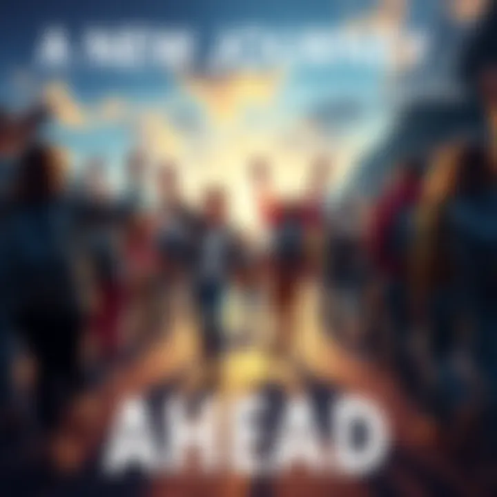 New Journey Ahead A group of people excitedly starting a journey together, symbolizing new adventures and challenges.