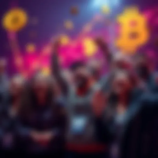 A group of excited individuals celebrating their financial success from cryptocurrency investments, with digital currency symbols in the background.