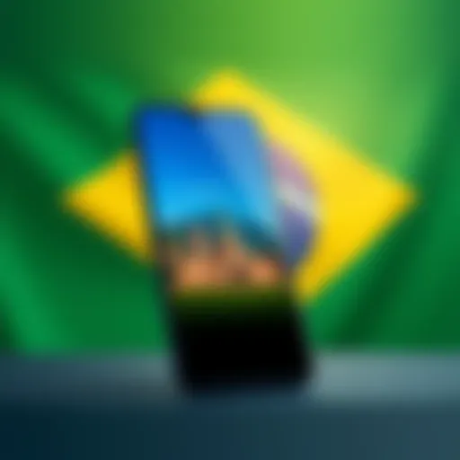 A sleek new smartphone displayed prominently, showcasing its large screen suitable for video content, with a Brazilian flag in the background to represent its launch in Brazil.