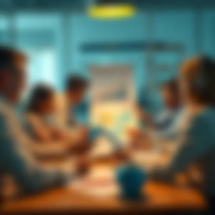 New Strategy for Success A group of diverse professionals brainstorming around a table, looking at charts and graphs showing growth and success strategies.