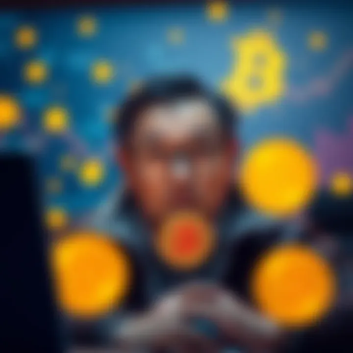 A first-time Bitcoin buyer looking for advice on investing and saving in cryptocurrency, surrounded by digital currency icons and charts