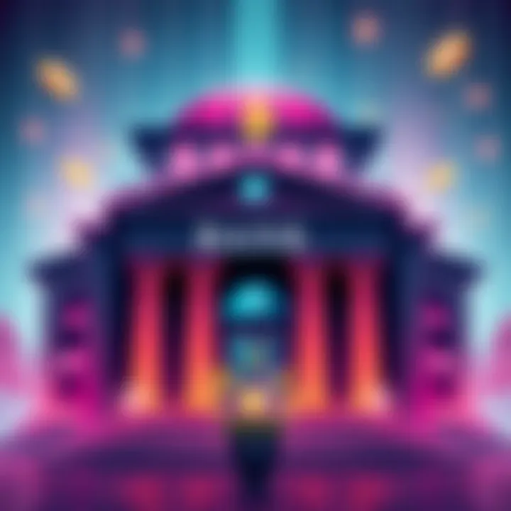 An illustration depicting a modern bank with digital currency symbols, representing the launch of a new crypto bank supported by Peter Thiel.