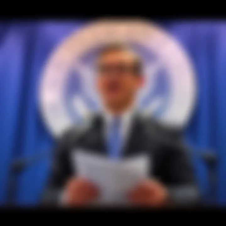 An official announces new regulations for the cryptocurrency market with documents in hand and a microphone in front of a backdrop featuring the US Securities and Exchange Commission logo.