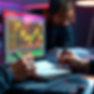 A beginner looking at cryptocurrency charts on a laptop with a notebook and pen in hand