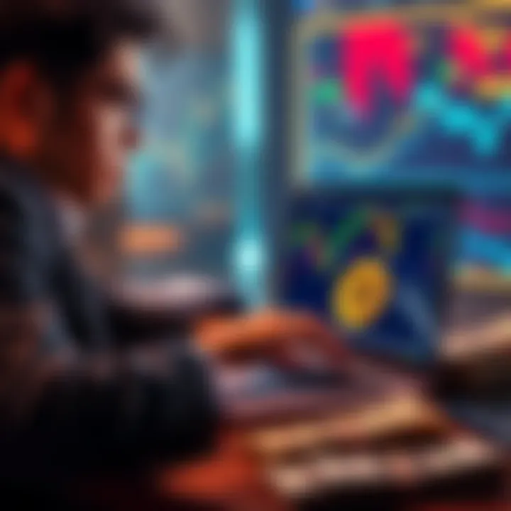 A novice investor looks at Bitcoin charts on a laptop with dollar bills nearby, contemplating investments in cryptocurrency.