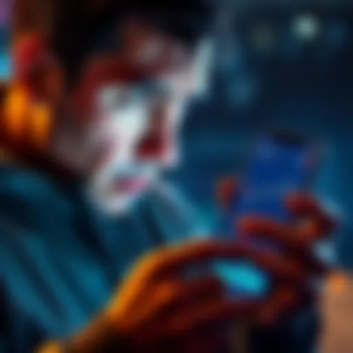 A concerned new investor looks at their phone showing a cryptocurrency chart with a downward trend, indicating a 5% loss.