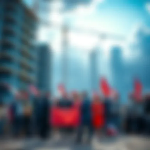 Celebration of a new landmark status in real estate with people gathering at a construction site, holding banners and flags.