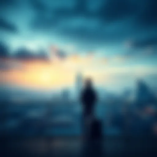 New Migration Journey A person standing with a suitcase looking at a new city skyline, symbolizing a fresh start and new opportunities.