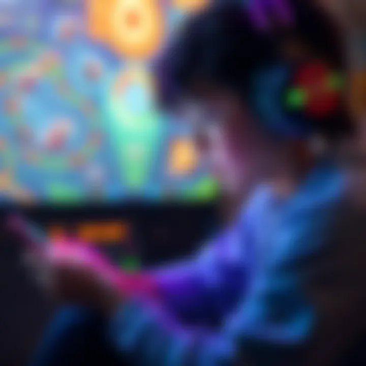 A newcomer to a gaming app looks at their screen, contemplating goals and challenges, surrounded by colorful game graphics.