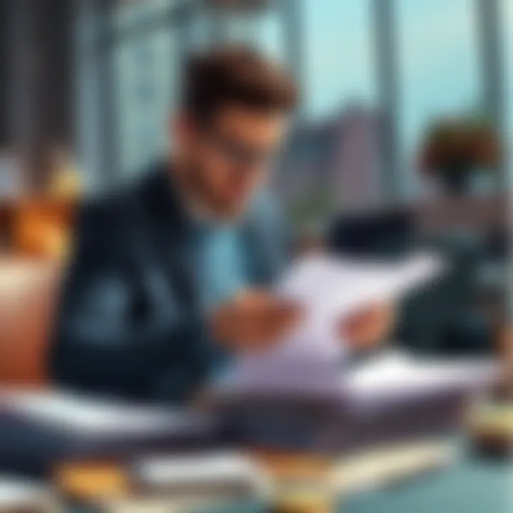 New player organizing tax documents A person sorting through tax documents and papers, preparing to visit H&R Block for tax filing assistance.