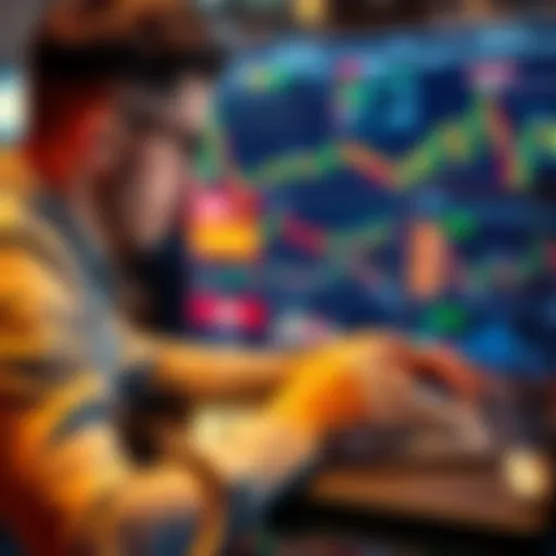 A beginner trader studying financial charts and strategies on a laptop with charts and graphs on the screen.