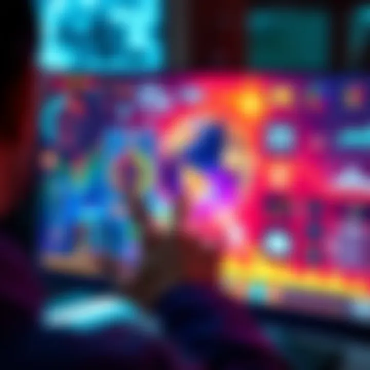 New User Interface Launch A person interacts with a new, modern digital interface on a computer screen, showcasing vibrant colors and intuitive design elements.