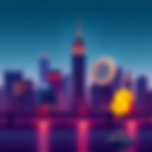Illustration of New York City skyline with a dollar sign and cryptocurrency symbols, indicating the new tax on transactions