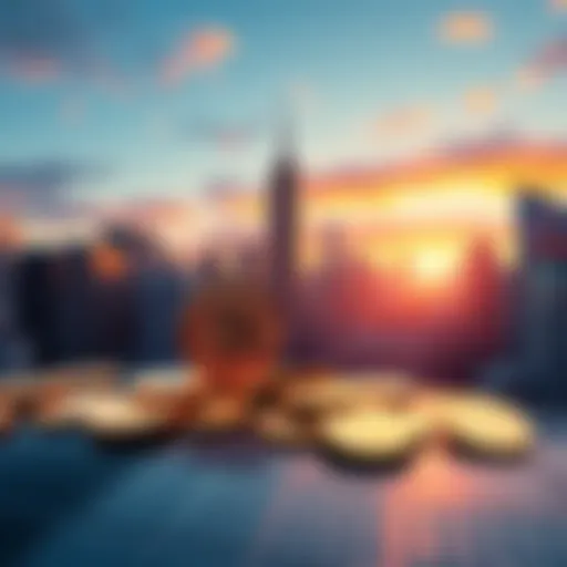 A visual representation of cryptocurrency coins with a backdrop of the New York City skyline, symbolizing new tax legislation for digital assets.